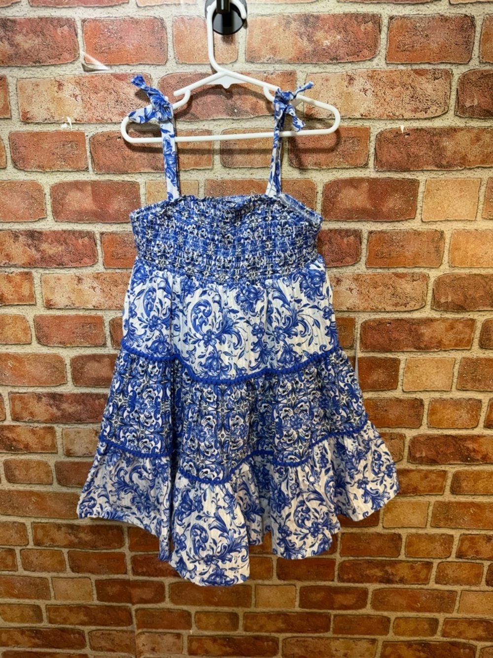 Blue and White Floral Smocked Sundress w/full tiered skirt by Haute Hippie sz 7